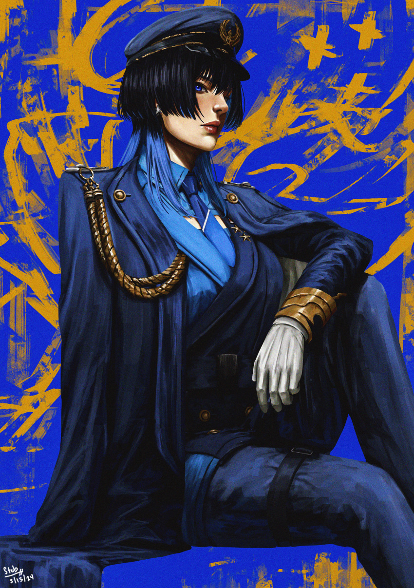 1girl aiguillette artist_name blue_background blue_eyes blue_hair blue_necktie blue_shirt blue_sleeves chain chain_earrings closed_mouth coat coat_on_shoulders collared_shirt gloves hat highres hololive hololive_english lapel_pin medal military_hat military_uniform necktie official_alternate_costume official_alternate_hairstyle ouro_kronii ouro_kronii_(4th_costume) shirt simple_background solo steb uniform upper_body virtual_youtuber white_gloves wolf_cut