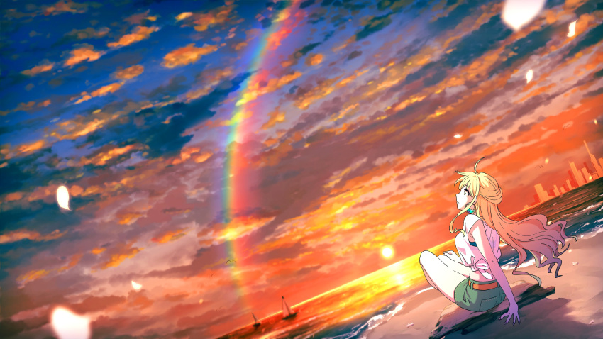 1girl absurdres akroglam beach blonde_hair blue_shorts closed_mouth cloud cloudy_sky commentary_request earrings eno_(akroglam) evening full_body highres horizon jewelry long_hair looking_up natsuharu ocean official_art outdoors profile rainbow second-party_source shirt shorts sitting sky solo sun sunset water white_shirt yellow_eyes