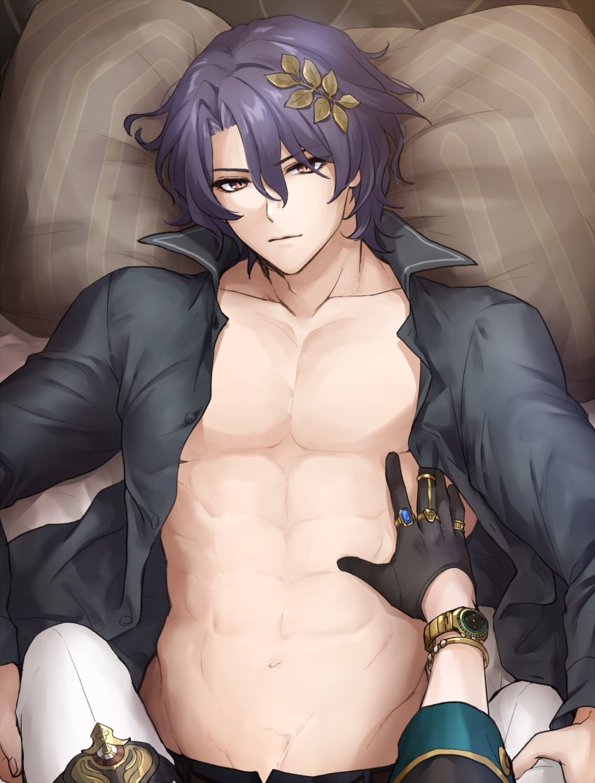 221galahad 2boys abs aventurine_(honkai:_star_rail) bed blue_hair bracelet dr._ratio_(honkai:_star_rail) gloves hand_on_another's_chest highres honkai:_star_rail honkai_(series) jewelry male_focus multiple_boys navel open_clothes open_shirt pants pillow ring solo_focus straddling toned toned_male watch wristwatch