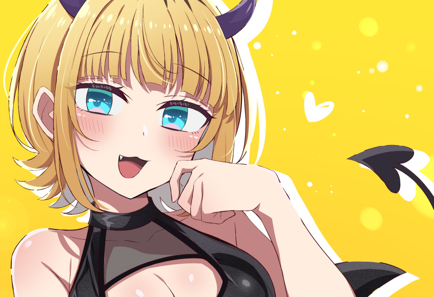 1girl :3 bare_shoulders blonde_hair blue_eyes blush breasts cleavage commentary_request covered_collarbone demon_girl demon_horns demon_tail drop_shadow fang heart highres horns looking_at_viewer meiji_(meizi493) memcho open_mouth oshi_no_ko short_hair solo tail yellow_background