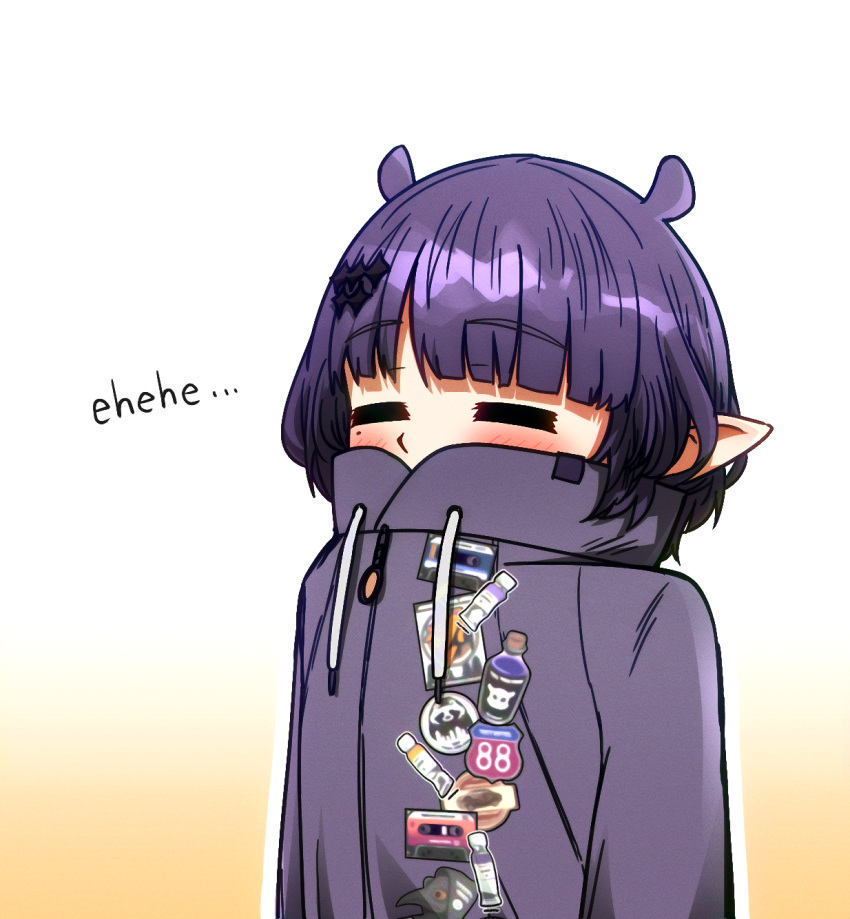 1girl =_= animal_ears black_hair blush closed_eyes commentary covered_mouth ddolbang english_commentary gradient_background grey_jacket high_collar highres hololive hololive_english jacket long_sleeves mole mole_under_eye ninomae_ina'nis ninomae_ina'nis_(loungewear) pointy_ears popped_collar upper_body virtual_youtuber yellow_background