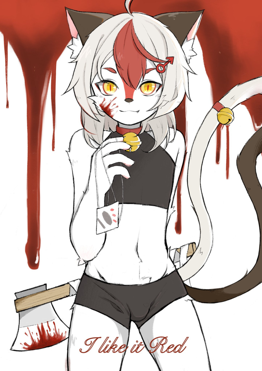 2019 anthro axe bell bell_collar blood blood_on_axe blood_on_face bodily_fluids collar domestic_cat felid feline felis hair hi_res holding_axe holding_object kemono looking_at_viewer male mammal nekomiyatasuku red_collar red_hair smile solo tan_hair yellow_eyes