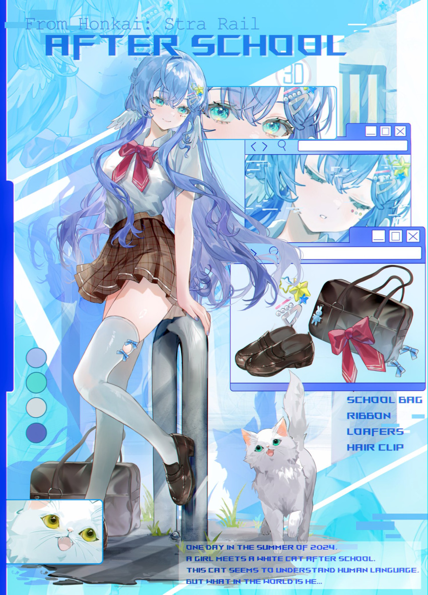 1girl alternate_costume aqua_eyes black_footwear blue_bow blue_hair bow bow_legwear bowtie brown_skirt cat closed_mouth collared_shirt english_text floating_hair full_body hair_between_eyes hair_ornament head_wings highres honkai:_star_rail honkai_(series) loafers long_hair looking_to_the_side red_bow red_bowtie robin_(honkai:_star_rail) school_uniform shirt shoes short_sleeves skirt smile standing standing_on_one_leg thighhighs utsuhostoria white_shirt white_thighhighs white_wings wings zettai_ryouiki