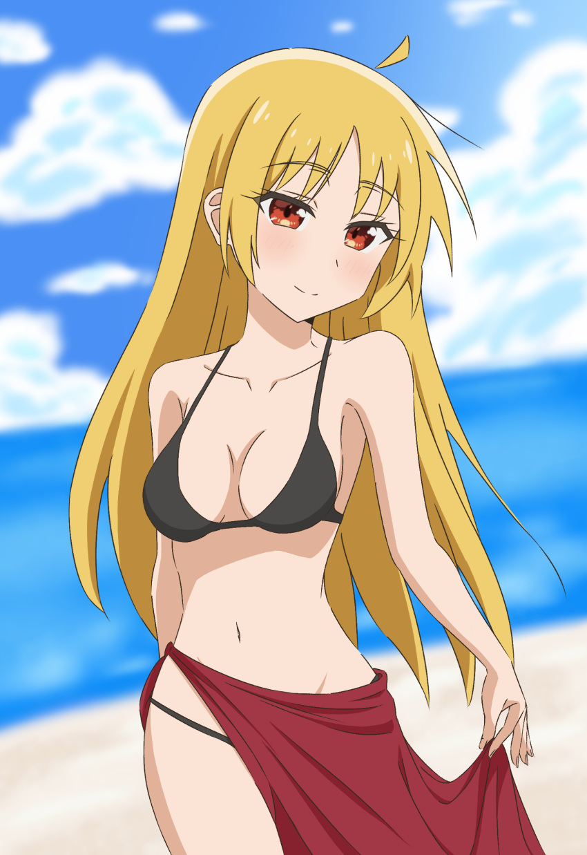 1girl absurdres ahoge alternate_costume beach bikini black_bikini blonde_hair blue_sky bocchi_the_rock! breasts cleavage closed_mouth cloud commentary day groin highres ijichi_seika long_hair looking_at_viewer midriff navel ocean red_eyes red_sarong sarong sky smile solo swimsuit thundradrawings very_long_hair water
