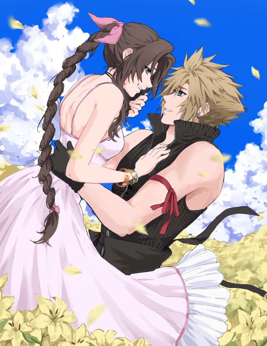1boy 1girl aerith_gainsborough aqua_eyes arm_ribbon bangle bare_shoulders black_cape black_gloves black_shirt blonde_hair blue_sky bracelet braid braided_ponytail breasts brown_hair cape choker cloud cloud_strife cloudy_sky couple dress earrings falling_petals field final_fantasy final_fantasy_vii final_fantasy_vii_advent_children final_fantasy_vii_rebirth final_fantasy_vii_remake flower flower_field gloves green_eyes hair_between_eyes hair_ribbon hand_on_another's_back hand_on_another's_chest happy_tears hetero highres jewelry kivavis lily_(flower) long_dress long_hair medium_breasts outdoors parted_bangs parted_lips petals pink_dress pink_ribbon popped_collar red_ribbon ribbon ribbon_choker shirt short_hair sidelocks single_braid single_earring sky sleeveless sleeveless_shirt smile spiked_hair sundress tears upper_body waist_cape wavy_hair yellow_flower yellow_petals