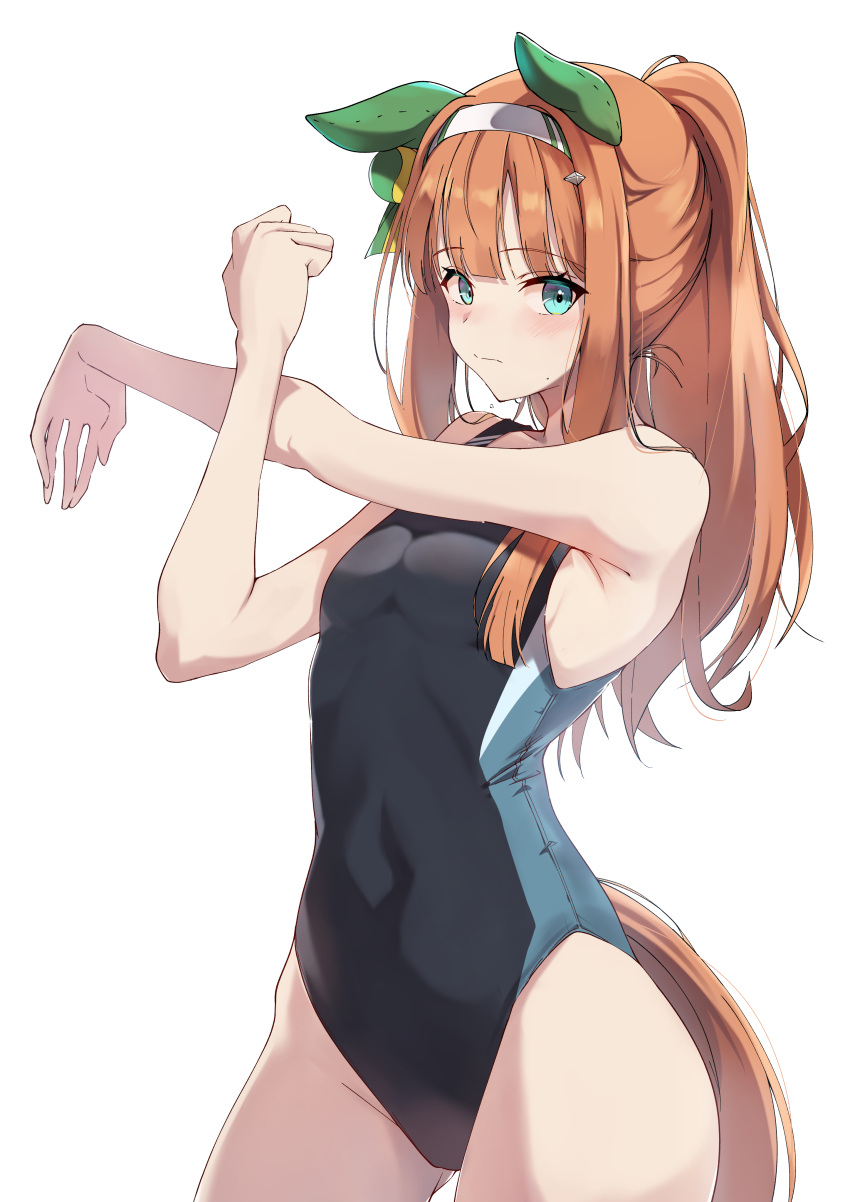 1girl absurdres alternate_costume animal_ears armpits blue_eyes blunt_bangs blush breasts clenched_hand closed_mouth competition_swimsuit groin hair_ornament headband highres horse_ears looking_at_viewer one-piece_swimsuit pandoa_(mikage0495) ponytail silence_suzuka_(umamusume) simple_background small_breasts stretching sweat swimsuit umamusume white_background