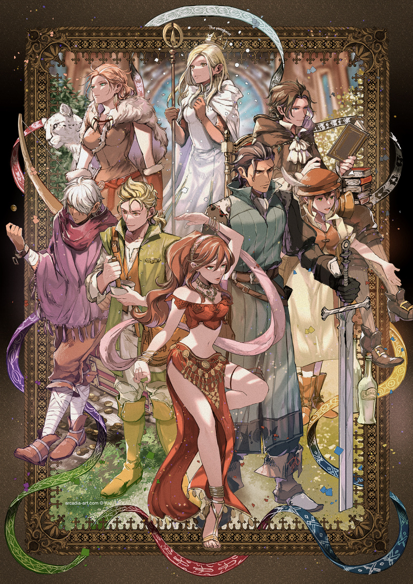 4boys 4girls ahoge alfyn_greengrass anklet arm_up ascot bag bandaged_arm bandaged_leg bandages belt between_breasts black_gloves black_hair blonde_hair blue_brooch blue_eyes blurry blurry_background book book_stack boots bottle bow_(weapon) bowl bracelet braid breasts brooch brown_bag brown_belt brown_cloak brown_dress brown_eyes brown_footwear brown_gloves brown_hair brown_hat brown_pants brown_vest buckle cape cloak closed_mouth coin covered_navel crop_top crossed_legs crown cuffs cyrus_albright dancer dancing dark-skinned_male dark_skin dress earrings elbow_gloves english_text feather_earrings feathers floating_crown full_body fur-trimmed_gloves fur_cape fur_trim gloves gold_anklet gold_bracelet gold_footwear gold_necklace gold_trim green_eyes green_jacket green_tunic h'aanit_(octopath_traveler) hair_behind_ear hair_between_eyes hair_over_one_eye hair_slicked_back hairband hands_up hat hat_feather highres holding holding_book holding_bowl holding_staff holding_sword holding_weapon jacket jewelry knee_boots long_hair long_sleeves looking_ahead looking_up midriff mixed-language_commentary mole mole_under_mouth mortar_(bowl) multiple_boys multiple_girls navel necklace octopath_traveler octopath_traveler_i off_shoulder olberic_eisenberg open_book open_mouth ophilia_clement outstretched_arm pants parted_bangs parted_lips pestle pink_hairband planted planted_sword ponytail primrose_azelhart puffy_short_sleeves puffy_sleeves purple_shawl red_scarf red_shirt red_skirt sandals scarf serious shackles shawl sheath shirt shoes short_hair short_sleeves shoulder_bag side_slit sitting skirt sleeveless sleeveless_dress smile snow_leopard staff standing standing_on_one_leg strap_between_breasts sword therion_(octopath_traveler) thigh_strap tiptoes toes tressa_colzione vest weapon white_ascot white_cape white_dress white_hair white_pants white_shirt yellow_dress yellow_eyes yuu_(arcadia)