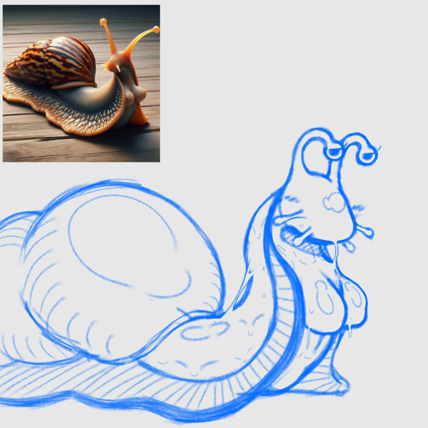 ai_generated_reference bell_crd blush blush_lines breasts female feral gastropod glistening glistening_body hi_res looking_at_viewer lying mollusk nipples non-mammal_breasts on_front reference_image shell simple_background size_difference sketch slime snail solo white_background