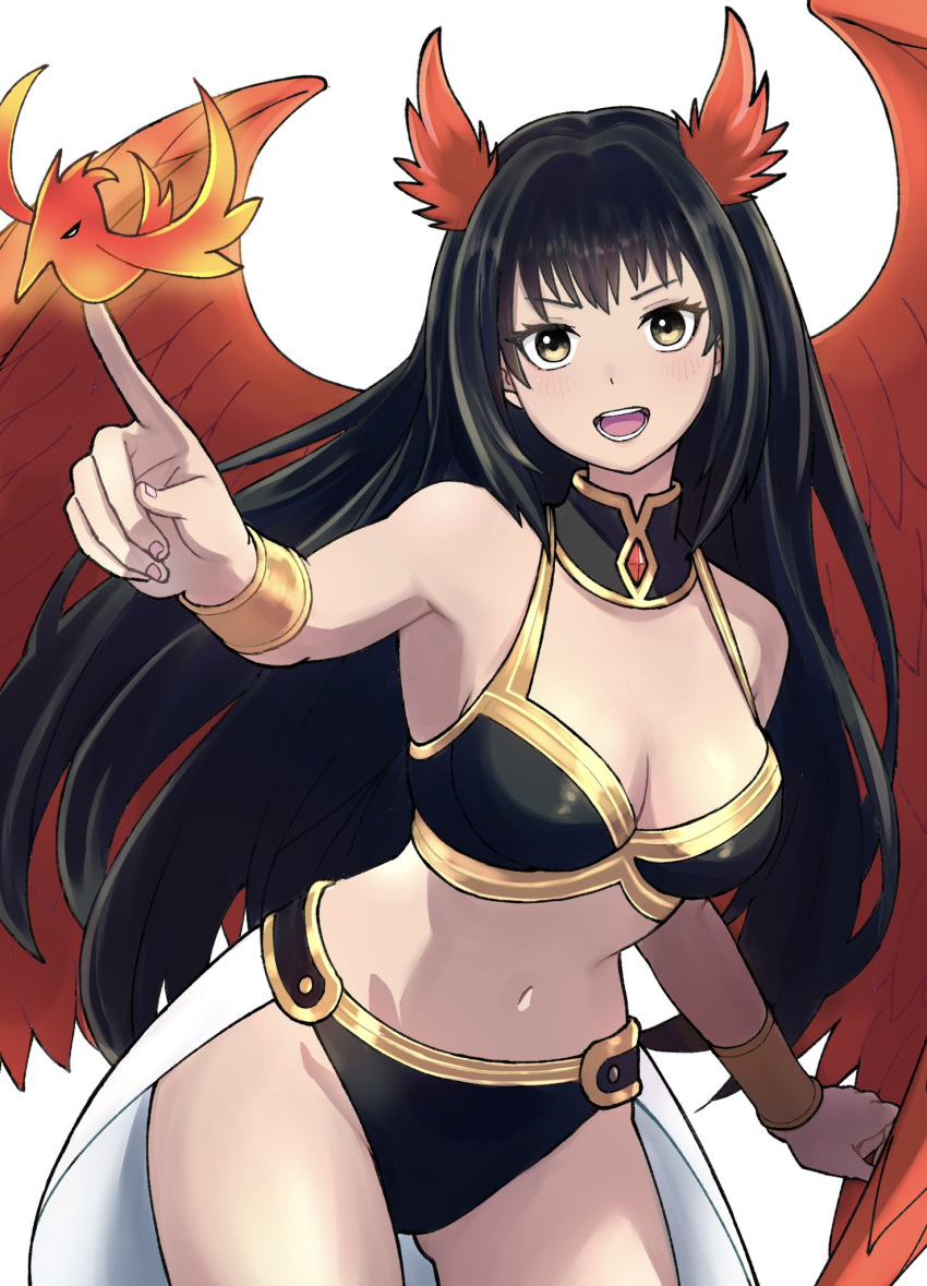 1girl bikini bird black_bikini black_hair breasts brown_eyes cleavage commentary detached_collar feathered_wings fire gold_trim gold_wrist_cuffs highres index_finger_raised long_hair looking_at_viewer navel open_mouth original phoenix phoenix_wings red_wings rgbrgb000 sarong simple_background solo standing swimsuit teeth white_background white_sarong wings