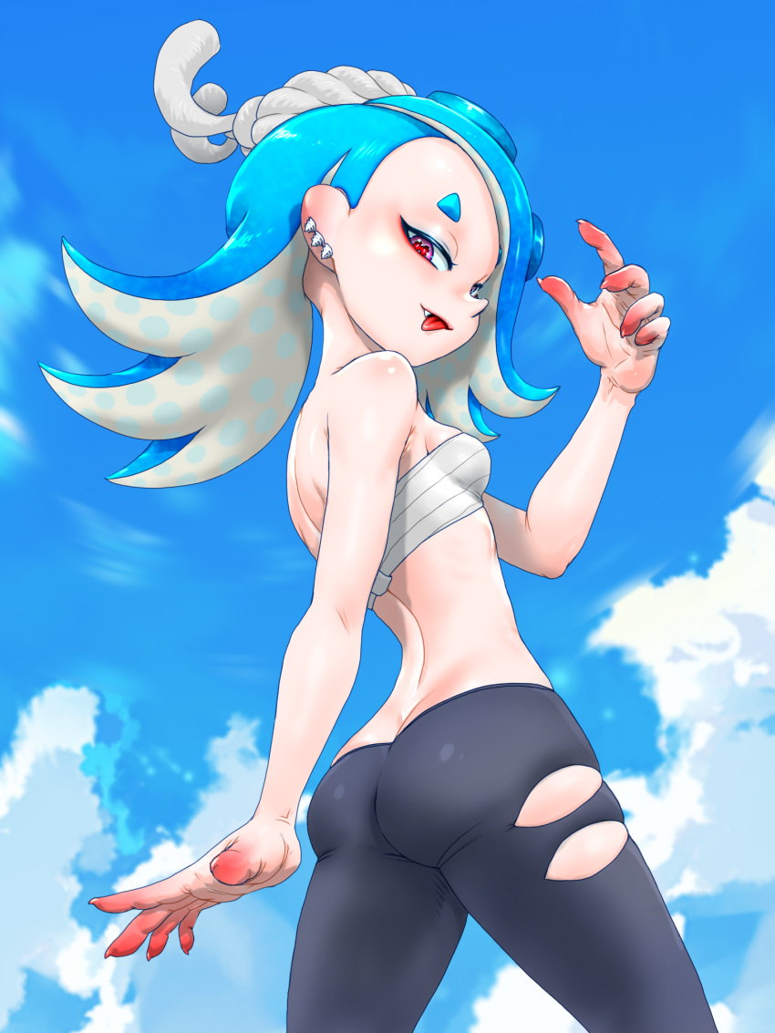 1girl arm_behind_back ass asymmetrical_hair bare_arms bare_shoulders black_leggings blue_hair blue_sky breasts butt_crack cephalopod_eyes chest_sarashi cloud colored_skin cowboy_shot day earrings eyeliner fang gradient_skin hand_up highres horizontal_pupils jewelry koharu2.5 leggings long_hair makeup multicolored_skin multiple_earrings octoling outdoors pink_eyes red_eyeliner red_pupils red_skin sarashi shiver_(splatoon) short_eyebrows skindentation sky small_breasts smile solo splatoon_(series) splatoon_3 suction_cups tentacle_hair tongue tongue_out tooth_earrings two-tone_skin