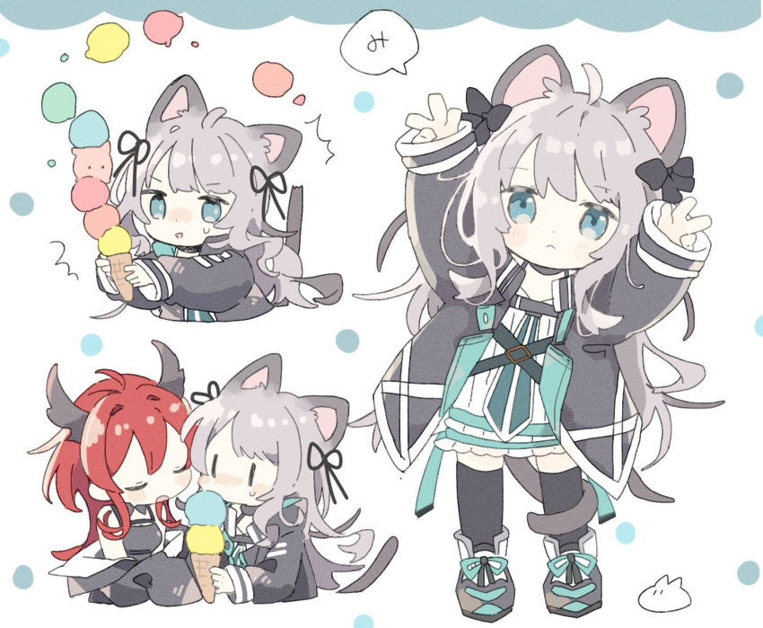 2girls :&lt; ^^^ ahoge animal_ear_fluff animal_ears arknights arms_up bangs black_bow black_dress black_footwear black_jacket black_thighhighs blue_eyes blush blush_stickers bow cat_ears cat_girl cat_tail chibi closed_mouth commentary_request cropped_torso double_scoop double_v dress food grey_hair hair_bow highres holding holding_food ice_cream ice_cream_cone jacket leaning_to_the_side long_hair long_sleeves looking_at_viewer mint_(arknights) multiple_girls naguru_(cyoroama) nose_blush open_clothes open_jacket shoes sleeveless sleeveless_dress sleeves_past_wrists standing surtr_(arknights) sweat tail thighhighs too_many too_many_scoops upper_body v very_long_hair white_background white_dress