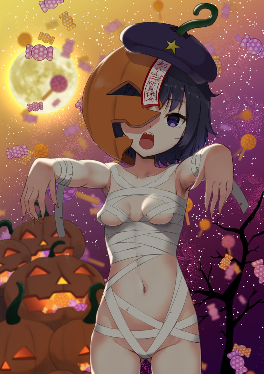 1girl alternate_costume ambasa bandages bangs bare_tree black_hair blush breasts cabbie_hat candy commentary_request cowboy_shot food full_moon halloween hat hat_ornament highres jack-o'-lantern jiangshi lollipop looking_at_viewer miyako_yoshika moon mummy_costume naked_bandage navel open_mouth outstretched_arms paid_reward_available pumpkin purple_eyes purple_headwear sharp_teeth short_hair small_breasts solo star_(symbol) star_hat_ornament teeth touhou tree wrapped_candy yellow_moon zombie_pose