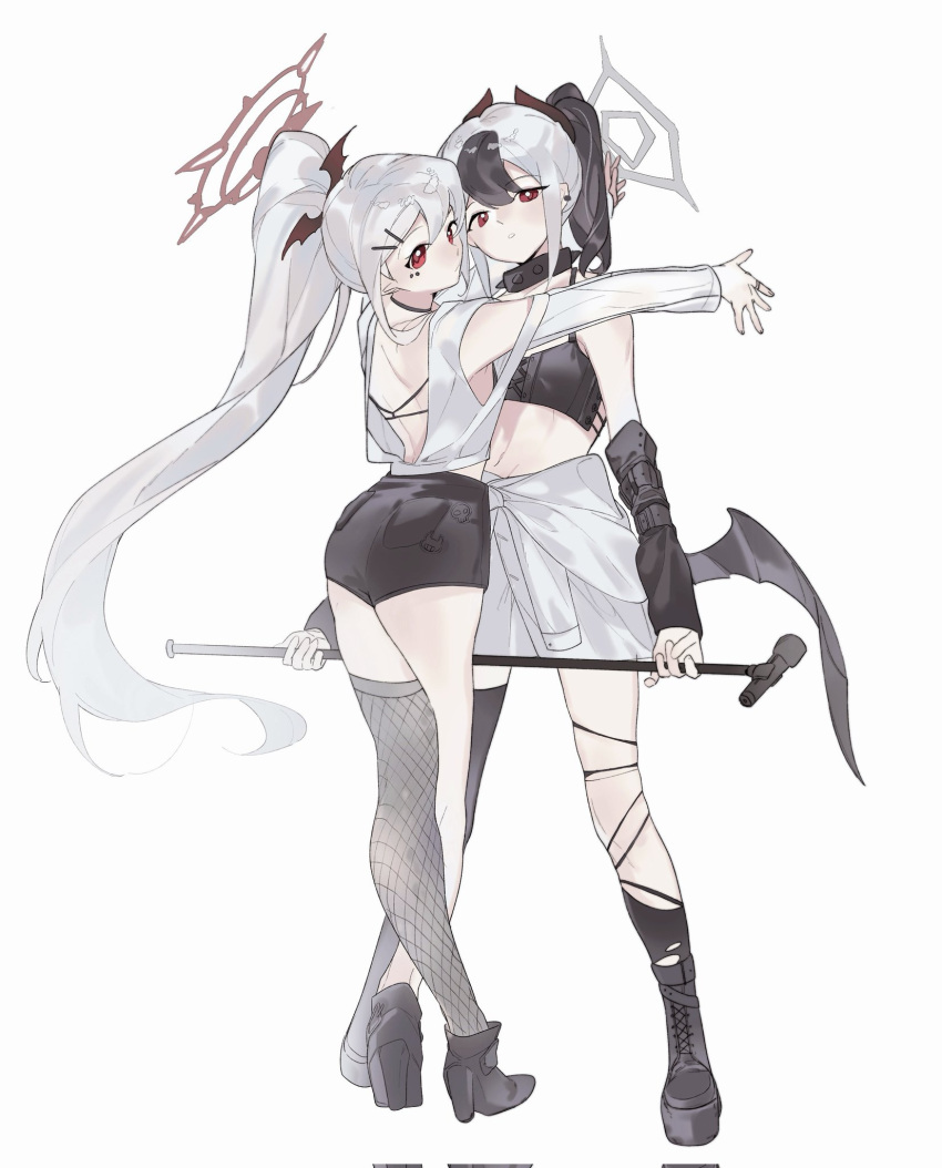 2girls black_footwear black_hair black_horns black_shorts black_thighhighs blue_archive boots breasts carnivalaki closed_mouth clothes_around_waist demon_horns grey_hair grey_halo halo high_heel_boots high_heels highres holding holding_microphone_stand horns kayoko_(blue_archive) long_hair microphone_stand multicolored_hair multiple_girls mutsuki_(blue_archive) open_mouth ponytail red_eyes red_halo shirt shirt_around_waist shorts simple_background single_thighhigh small_breasts thighhighs white_background white_shirt