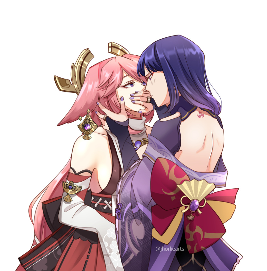 2girls bridal_gauntlets covering_mouth earrings eye_contact genshin_impact gold_earrings hair_over_shoulder hand_over_another's_mouth highres jewelry jhorliearts looking_at_another multiple_girls nail_polish pink_hair purple_eyes purple_hair purple_nails raiden_shogun twitter_username yae_miko