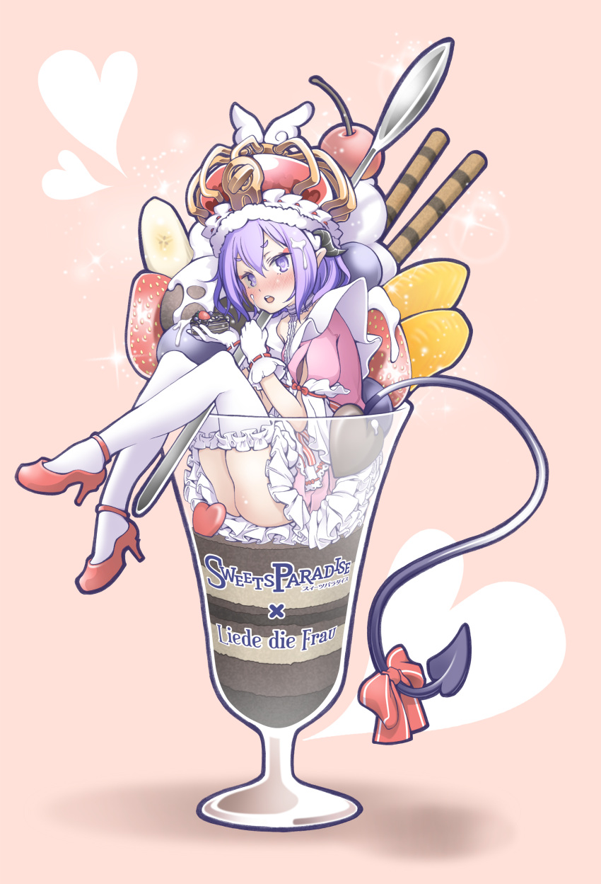 1girl absurdres blush bow cup demon_tail dress food heart high_heels highres hood horns in_container in_cup in_food last_period looking_at_viewer minigirl open_mouth pekenpon pink_background purple_eyes purple_hair red_bow shoes solo tail tail_bow tail_ornament thighhighs wings