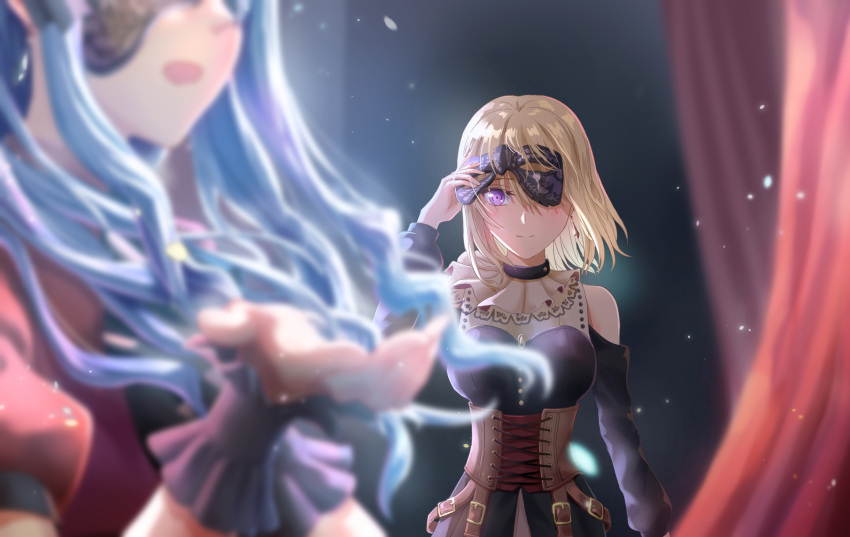 2girls bang_dream! bang_dream!_it's_mygo!!!!! black_dress black_mask blonde_hair blue_hair blurry breasts brown_corset clothing_cutout commentary_request corset depth_of_field dress earrings floating_hair hand_up highres jewelry light_particles long_hair long_sleeves looking_at_another looking_at_viewer mask masquerade_mask medium_breasts medium_hair misumi_uika multiple_girls open_mouth puffy_short_sleeves puffy_sleeves purple_eyes red_shirt shih_lion shirt short_sleeves shoulder_cutout togawa_sakiko