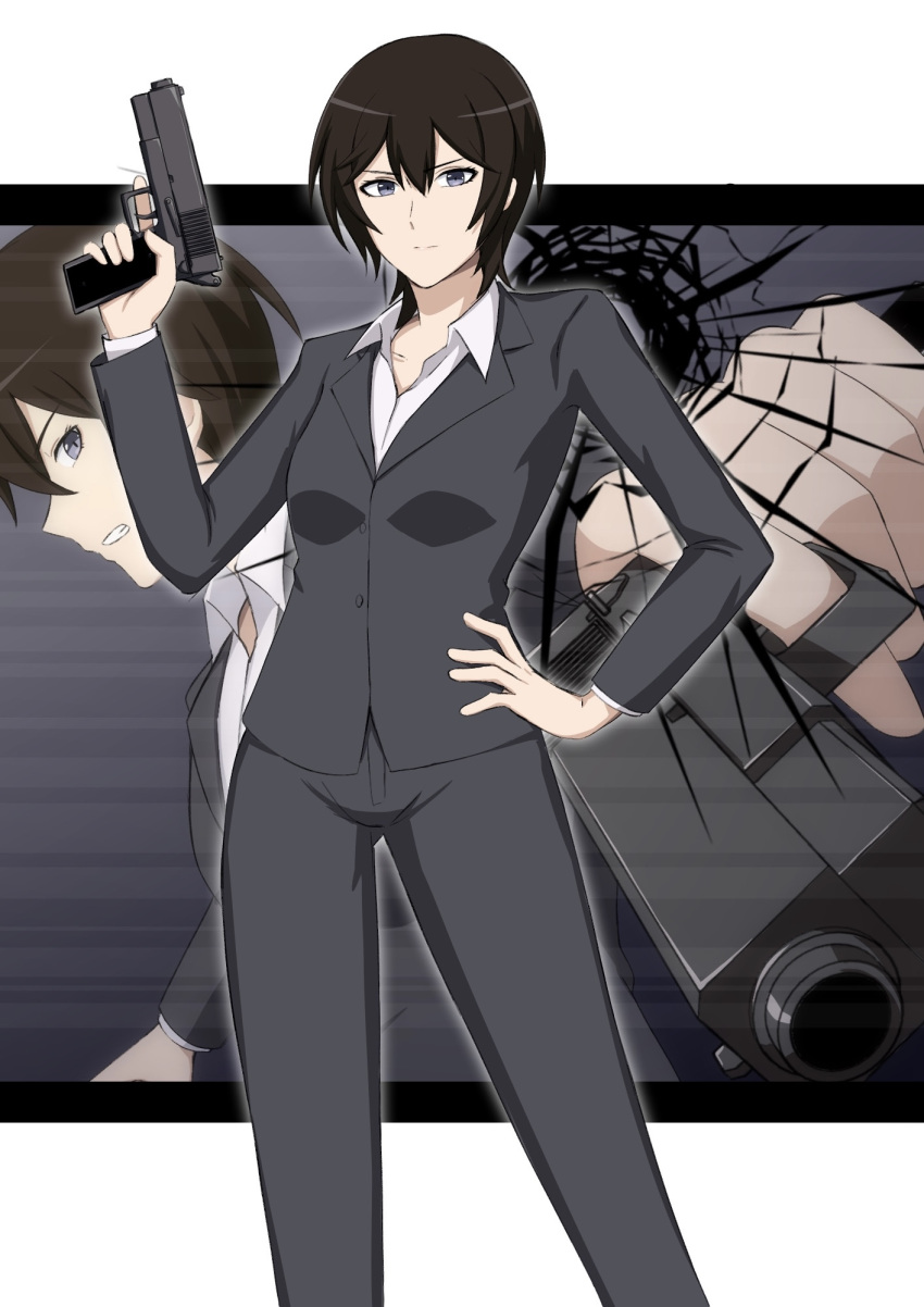 1girl bangs black_hair closed_mouth collared_shirt commentary_request cowboy_shot formal grey_eyes grey_jacket grey_pants gun hall_onon hand_on_hip handgun highres holding holding_gun holding_weapon jacket looking_at_viewer medium_hair multiple_views original pants shirt smile standing suit weapon white_shirt