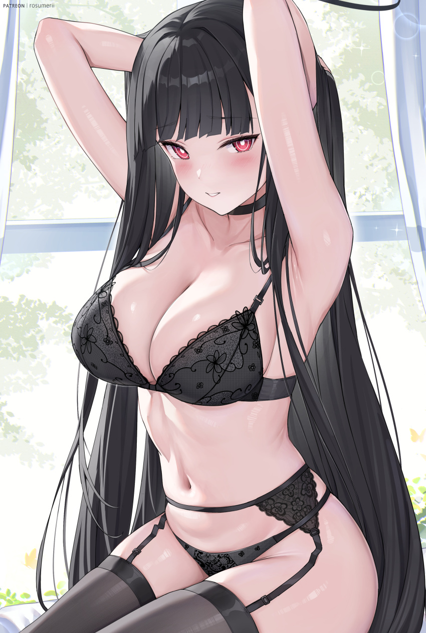 1girl absurdres artist_name ass black_bra black_choker black_hair black_panties black_thighhighs blue_archive blush bra breasts bright_pupils choker collarbone cowboy_shot halo highres indoors large_breasts long_hair looking_at_viewer navel open_mouth panties red_eyes ringed_eyes rio_(blue_archive) rosumerii solo thighhighs underwear white_pupils