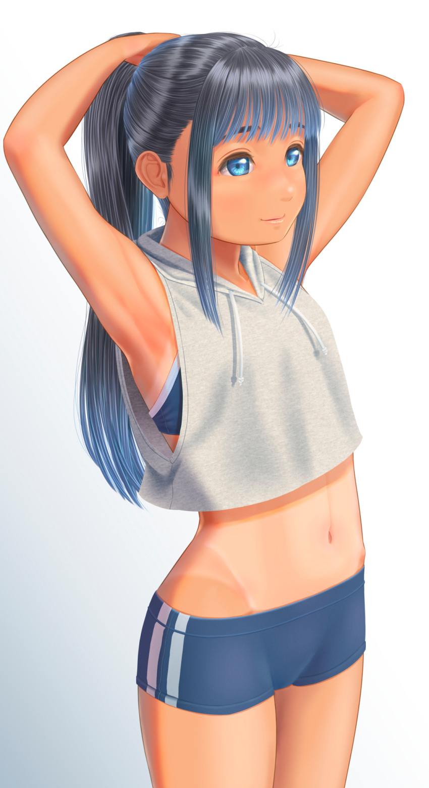 1girl armpits arms_up bikini bikini_under_clothes blue_bikini blue_eyes blue_hair commentary_request crop_top flat_chest highres hood hoodie light_smile long_hair looking_to_the_side navel original ponytail short_shorts shorts sleeveless sleeveless_hoodie solo swimsuit tan tanlines uzuki_mei