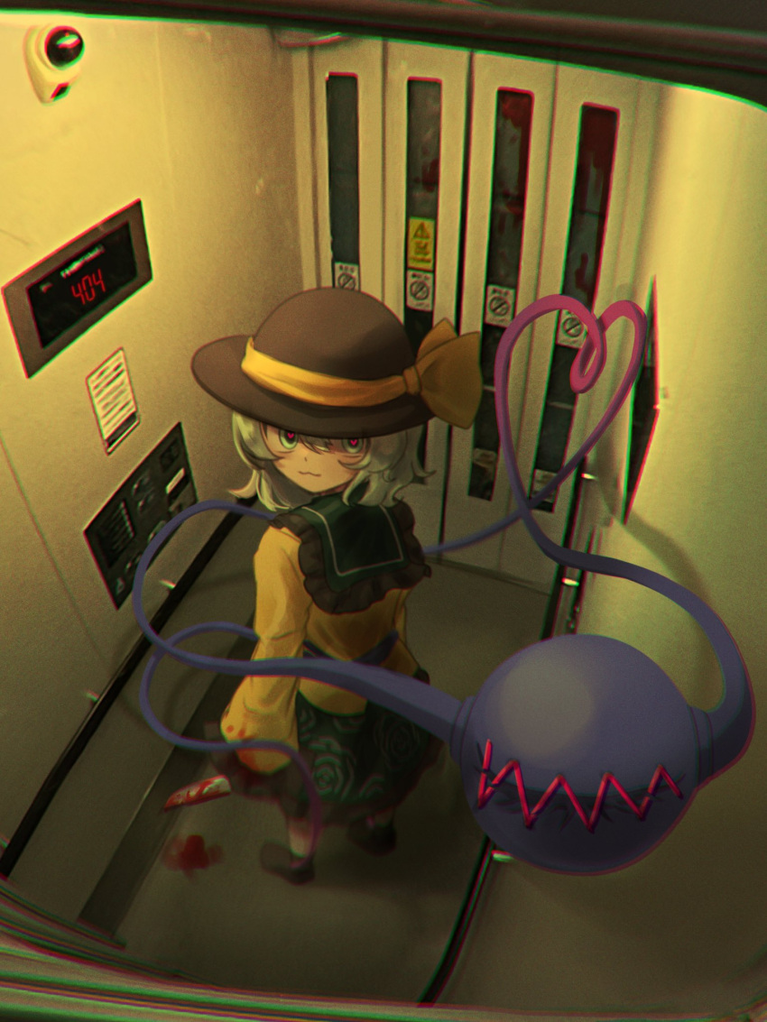 1girl 404 :3 black_hat blood blood_on_clothes blouse bow chromatic_aberration commentary_request elevator eyeball frilled_shirt_collar frilled_sleeves frills from_above green_eyes green_hair green_skirt hat hat_bow hat_ribbon heart heart-shaped_pupils highres holding holding_knife http_status_code indoors karasu2020_8 knife koishi_day komeiji_koishi long_sleeves looking_at_viewer ribbon security_camera shirt short_hair skirt solo symbol-shaped_pupils third_eye touhou wide_sleeves yellow_bow yellow_ribbon yellow_shirt