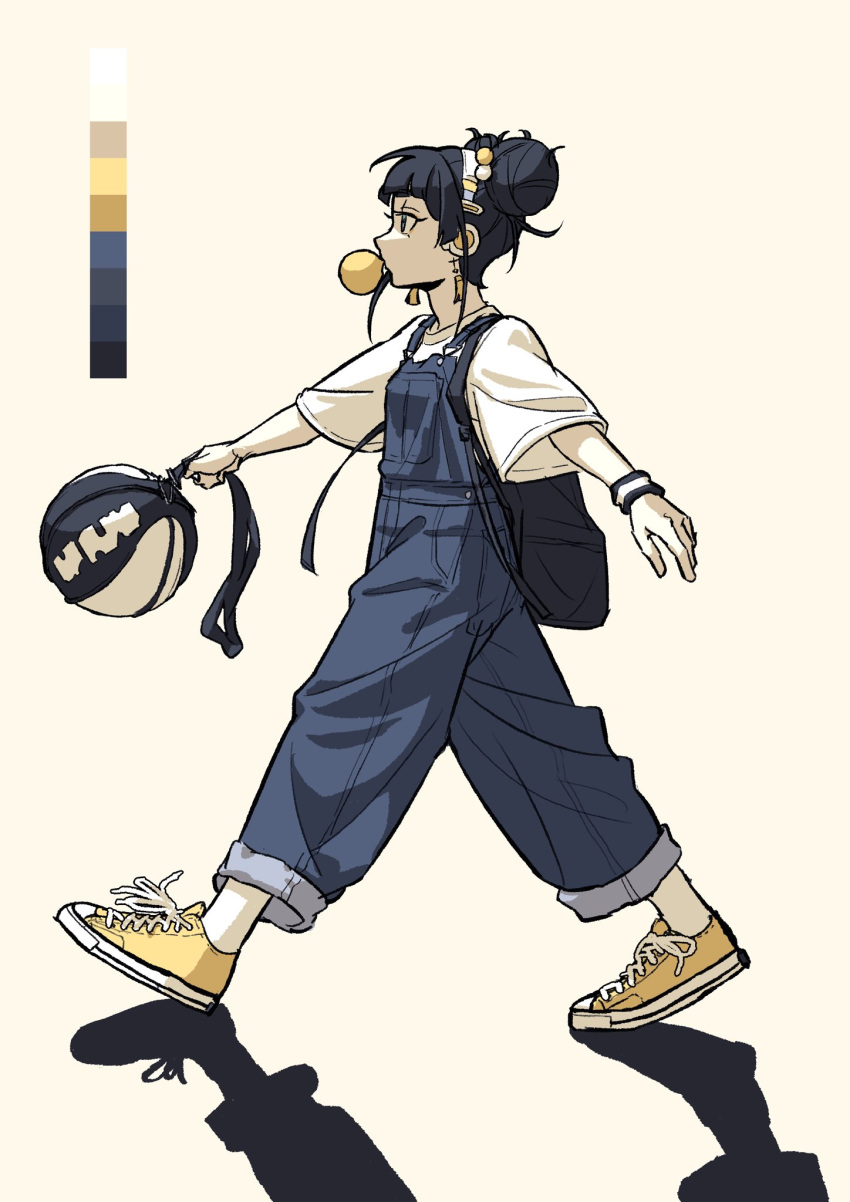 1girl backpack bag ball black_hair blue_overalls chewing_gum color_guide double_bun earrings from_side full_body gaako_illust hair_bun headphones highres holding jewelry original overalls profile shirt shoelaces shoes short_sleeves simple_background sneakers solo standing walking white_shirt wristband yellow_footwear