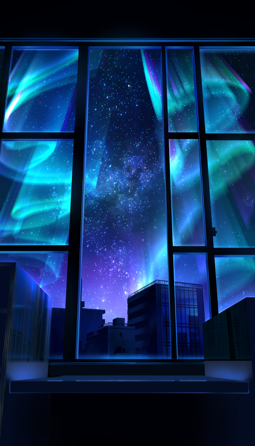 absurdres aurora building city cityscape commentary_request highres indoors night night_sky no_humans original scenery sky skyscraper smile_(qd4nsvik) star_(sky) starry_sky window