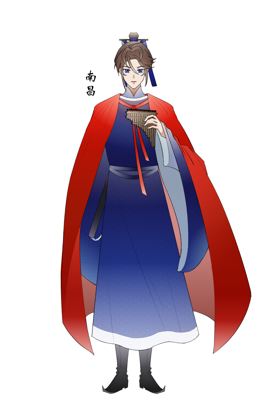 1boy absurdres black_footwear blue_eyes boots brown_hair chinese_clothes chinese_text cloak full_body hair_between_eyes hair_bun hair_ornament hair_stick hanfu highres holding long_sleeves looking_at_viewer male_focus open_mouth original paixiao pointy_footwear qiushiri red_cloak short_hair single_hair_bun solo standing topknot translated white_background wide_sleeves yuanlingshan