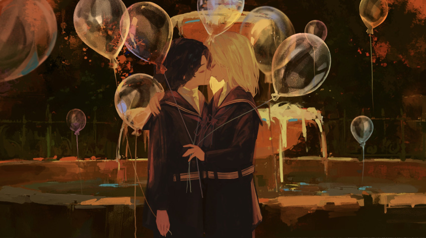 2boys autumn_leaves balloon black_hair black_serafuku blonde_hair character_request check_character chengya_huanwo chinese_commentary commentary curly_hair fence fountain heads_together highres imminent_kiss lies_of_p male_focus medium_hair multiple_boys neckerchief open_mouth park parted_bangs pinocchio_(lies_of_p) red_neckerchief romeo_(lies_of_p) school_uniform serafuku upper_body water yaoi