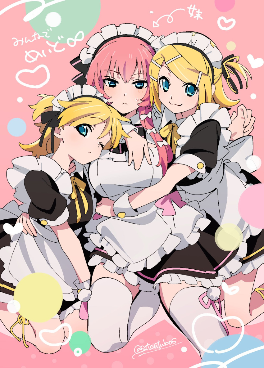 3girls :3 alternate_costume alternate_hair_length alternate_hairstyle apron aqua_eyes arm_over_shoulder black_dress blonde_hair blue_eyes crossdressing dress enmaided facing_viewer feet_out_of_frame frilled_apron frilled_dress frills genderswap genderswap_(mtf) hair_over_shoulder hand_on_another's_back hand_on_another's_stomach highres hug hug_from_behind kagamine_len kagamine_rin kneehighs kneeling light_frown long_hair looking_at_viewer maid maid_headdress medium_hair megurine_luka multiple_girls neck_ribbon one_eye_closed one_side_up parted_hair pink_background pink_hair pink_trim ribbon satou_asuka short_sleeves signature sleeve_cuffs socks split_mouth sweatdrop three_quarter_view vocaloid white_apron white_socks white_wrist_cuffs wing_collar wrist_cuffs yellow_ribbon yellow_trim
