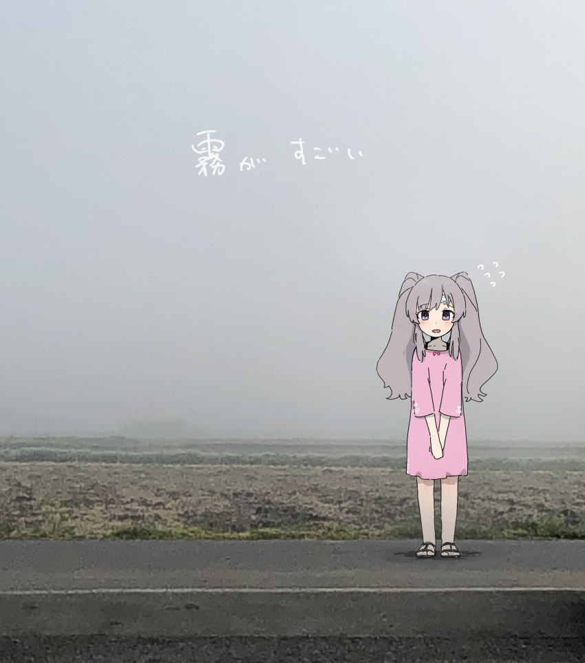 1girl absurdres blush commentary_request day dress field flying_sweatdrops fog full_body gauze_on_head grey_hair highres idolmaster idolmaster_shiny_colors long_hair looking_at_viewer nendo23 no_socks open_mouth outdoors photo_background pink_dress purple_eyes road rural sandals short_dress short_sleeves smile solo standing translation_request twintails v_arms wide_shot yukoku_kiriko