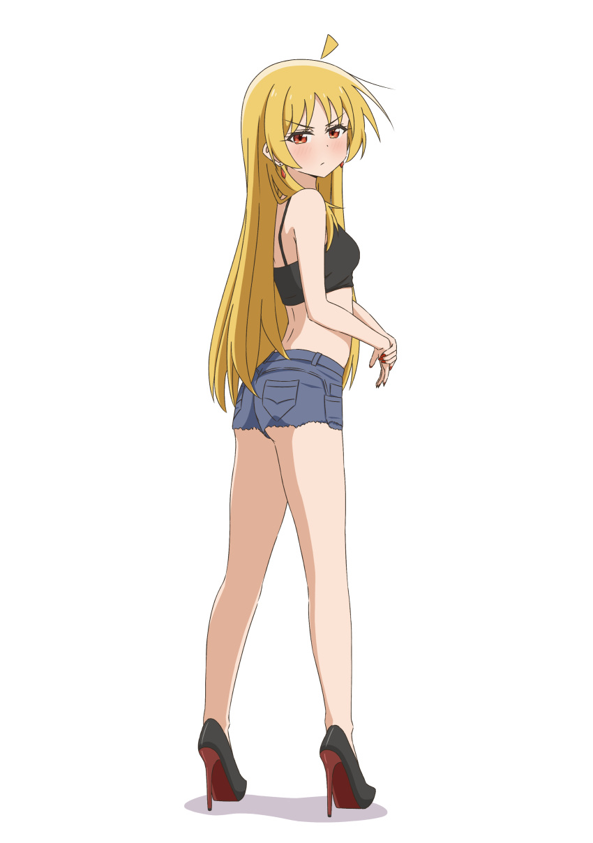 1girl absurdres ahoge bare_legs black_footwear black_sports_bra blonde_hair blue_shorts blush bocchi_the_rock! closed_mouth commentary denim denim_shorts detached_ahoge diamond_earrings dot_nose earrings english_commentary full_body high_heels highres ijichi_seika jewelry legs long_hair looking_at_viewer looking_back midriff nail_polish red_eyes red_nails short_shorts shorts simple_background solo sports_bra standing tachi-e thundradrawings v-shaped_eyebrows very_long_hair white_background