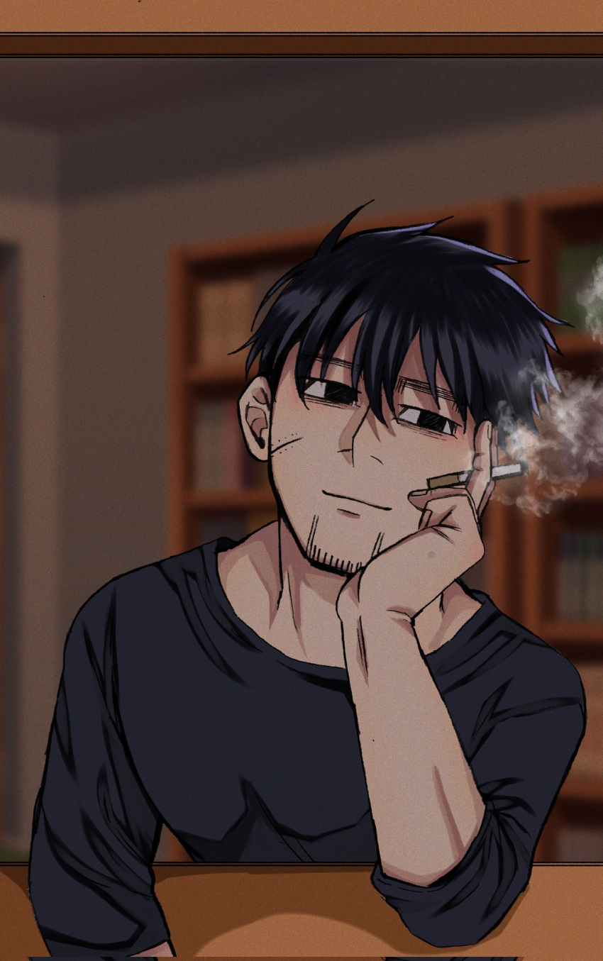 1boy alternate_hairstyle black_eyes black_hair cigarette elbow_rest facial_hair goatee golden_kamuy hair_strand highres holding holding_cigarette indoors male_focus messy_hair ogata_hyakunosuke ri_(ri_kaos21) scar scar_on_cheek scar_on_face short_hair smile smoke solo stitches stubble