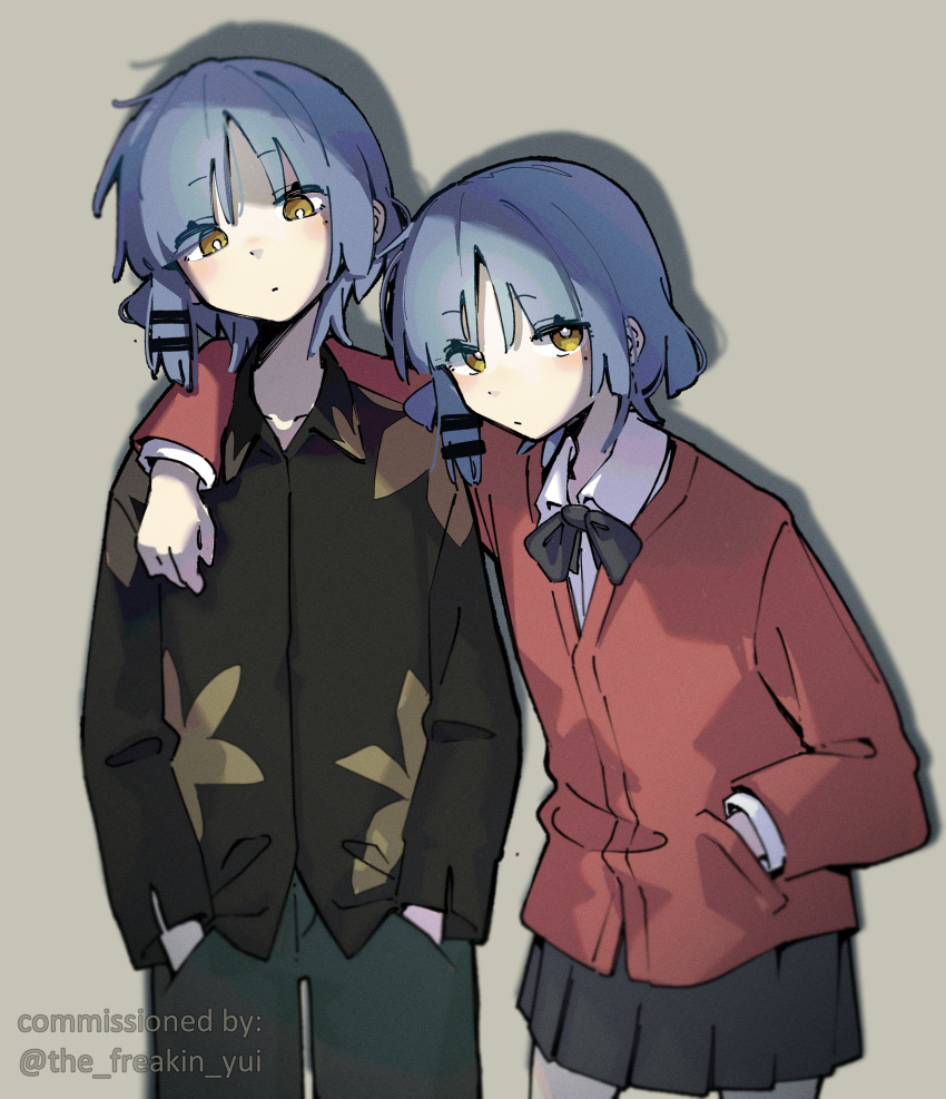 2girls absurdres alternate_costume arm_around_neck black_pants black_shirt black_skirt blue_hair bocchi_the_rock! bow bowtie collared_shirt commission dual_persona hand_in_pocket hands_in_pockets highres long_sleeves looking_at_viewer machuuu68 medium_hair mole mole_under_eye multiple_girls pants pleated_skirt red_shirt shirt skirt twitter_username white_undershirt yamada_ryo yellow_eyes