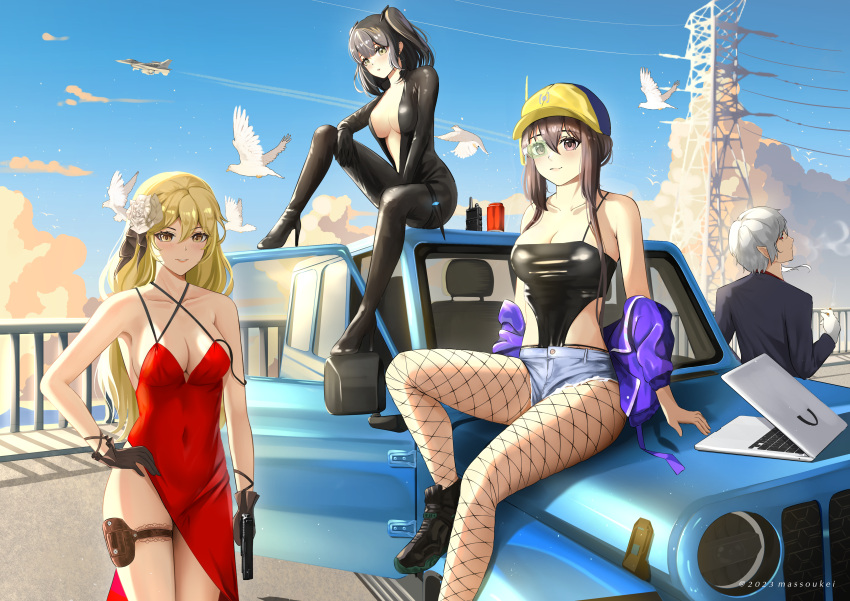 1boy 3girls absurdres aircraft airplane andrew_(brown_dust_2) armpits bird black_bodysuit black_camisole black_footwear black_hair black_suit blue_car bodysuit boots breasts brown_dust_2 brown_eyes camisole can cleavage computer covered_navel denim denim_shorts dove dress drink_can elise_(brown_dust_2) eyebrows_hidden_by_hair fighter_jet fishnet_pantyhose fishnets flat_cap flower from_behind full_body grey_hair gun hair_between_eyes hair_flower hair_ornament hat high_heels highres holding holding_gun holding_weapon holster jacket jeep jet laptop large_breasts latex latex_bodysuit lips long_hair looking_back massoukei military_vehicle motor_vehicle multiple_girls official_alternate_costume pantyhose partially_unzipped pointy_ears purple_jacket rafina_(brown_dust) red_dress scheherazade_(brown_dust) scheherazade_(code_name_s)_(brown_dust) scouter shadow short_shorts short_twintails shorts sitting_on_car smile soda_can stiletto_heels suit sunset thigh_holster transmission_tower twintails walkie-talkie weapon
