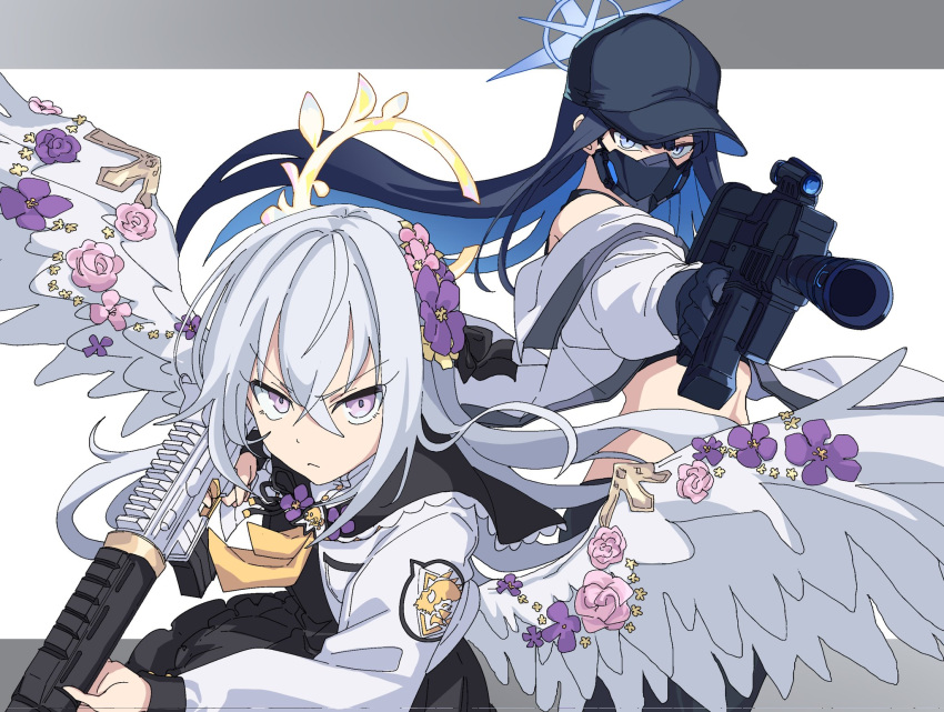 2girls azusa_(blue_archive) baseball_cap black_hair black_hat blue_archive blue_hair closed_mouth crossed_bangs dress feathered_wings flower gloves grey_hair gun hair_between_eyes halo hat highres holding holding_gun holding_weapon long_hair long_sleeves looking_at_viewer mask momomatang mouth_mask multicolored_hair multiple_girls pink_flower purple_flower saori_(blue_archive) two-tone_background very_long_hair weapon white_wings wing_ornament wings