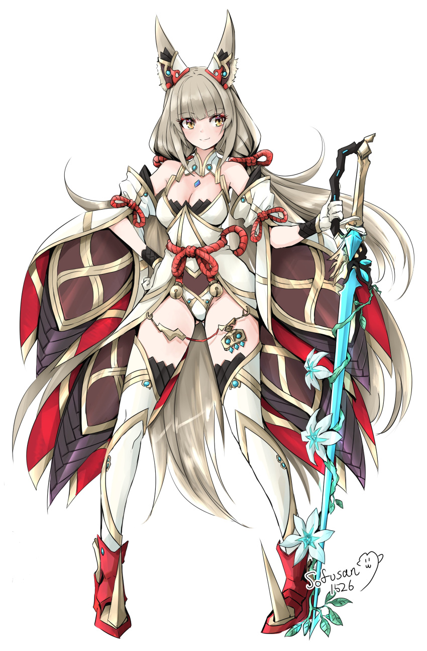 1girl absurdres animal_ear_fluff animal_ears bare_shoulders bell boots breasts brown_eyes cleavage commentary_request flower full_body gloves grey_hair hand_on_own_hip highres holding holding_sword holding_weapon jingle_bell leotard long_hair long_sleeves medium_breasts nia_(xenoblade) showgirl_skirt signature simple_background sofusan1526 solo spiked_boots standing sword thigh_boots very_long_hair weapon white_background white_flower white_footwear white_gloves white_leotard white_sleeves xenoblade_chronicles_(series) xenoblade_chronicles_2