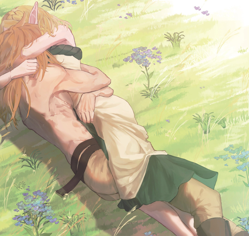 1boy 1girl ancient_set_(zelda) bare_shoulders belt blonde_hair boots braid brown_footwear brown_pants commentary couple crown_braid day dress english_commentary frost_mourne grass hetero highres hug link long_hair lying on_side outdoors pants pointy_ears princess_zelda short_hair sleeveless sleeveless_dress the_legend_of_zelda the_legend_of_zelda:_tears_of_the_kingdom topless_male
