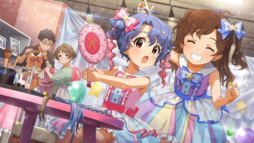 1boy 3girls :o ^_^ aged_down ahoge antenna_hair bare_arms black_hair blue_hair blush brown_hair center_frills child closed_eyes dress family father_and_daughter frills gradient_hair grin hand_mirror holding holding_clothes_hanger holding_mirror idolmaster idolmaster_million_live! idolmaster_million_live!_theater_days indoors long_hair looking_at_mirror mirror mother_and_daughter multi-tied_hair multicolored_hair multiple_girls official_art pink_hair siblings sisters sleeveless sleeveless_dress smile toyokawa_fuka toyokawa_fuka's_father toyokawa_fuka's_mother toyokawa_fuka's_sister twintails two_side_up