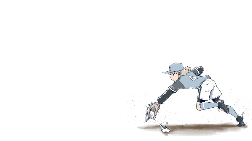 1girl aki_(girls_und_panzer) bangs baseball_cap baseball_mitt bike_shorts bike_shorts_under_shorts black_footwear black_shirt blue_headwear blue_shirt blue_socks cleats diving girls_und_panzer hat highres layered_sleeves leg_up light_brown_hair long_sleeves low_twintails motion_blur reaching_towards_viewer running satou_yasu shirt short_hair short_over_long_sleeves short_sleeves short_twintails shorts simple_background socks softball softball_uniform solo sportswear twintails white_background white_shorts