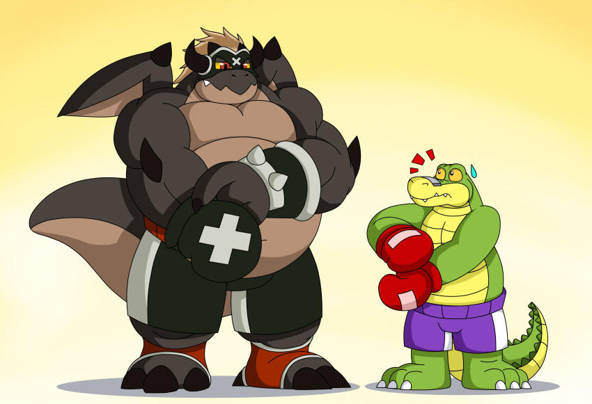 2022 absurd_res alligator alligatorid anthro belly big_belly black_body bodily_fluids bottomwear boxing_gloves boxing_shorts brok_(character) brok_the_investigator clothing crocodilian dragon duo green_body handwear hi_res lord_darkdread male overweight overweight_male reptile scalie shorts size_difference surprise sweat tribal_hunter tyrotspacecat video_games