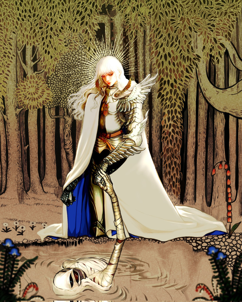 2boys androgynous armor bandaged_arm bandaged_chest bandages berserk blue_eyes blue_flower cape commentary commentary_request dual_persona flower griffith_(berserk) helmet highres long_hair multiple_boys nature nisino2222 outdoors partially_submerged reaching shoulder_armor tree water wavy_hair white_cape white_hair