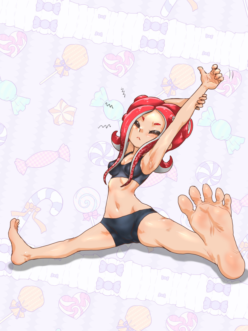 1girl :&lt; arm_up armpits bare_legs barefoot bike_shorts black_shorts black_sports_bra breasts cleavage closed_eyes closed_mouth feet foot_focus full_body groin hand_on_own_arm highres koharu2.5 long_hair medium_breasts motion_lines navel octoling octoling_girl octoling_player_character red_hair shorts sitting solo splatoon_(series) sports_bra stretching suction_cups tentacle_hair