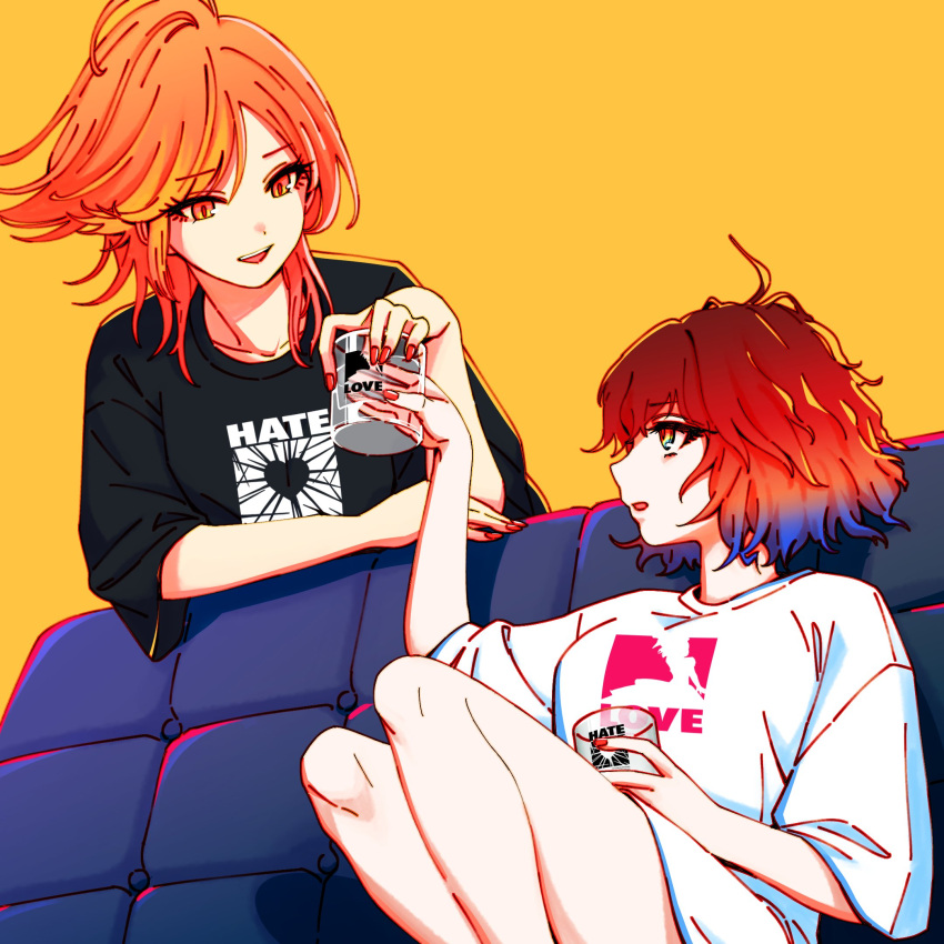 2girls akroglam black_shirt cava_(akroglam) commentary_request couch cup drinking_glass hand_up highres holding holding_cup knees_up long_hair looking_at_another multicolored_hair multiple_girls nail_polish official_art on_couch open_mouth orange_hair profile red_hair red_nails second-party_source shirt short_hair short_sleeves sitting smile spitha t-shirt white_shirt yellow_background