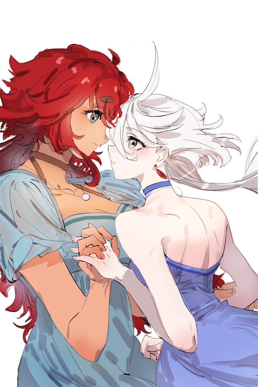 2girls absurdres back bare_arms belletaku blue_choker blue_dress blue_eyes choker closed_mouth dress earrings eye_contact grey_eyes gundam gundam_suisei_no_majo highres holding_hands interlocked_fingers jewelry long_hair looking_at_another miorine_rembran multiple_girls parted_lips red_hair short_sleeves simple_background smile strapless strapless_dress suletta_mercury thick_eyebrows upper_body white_background white_hair yuri