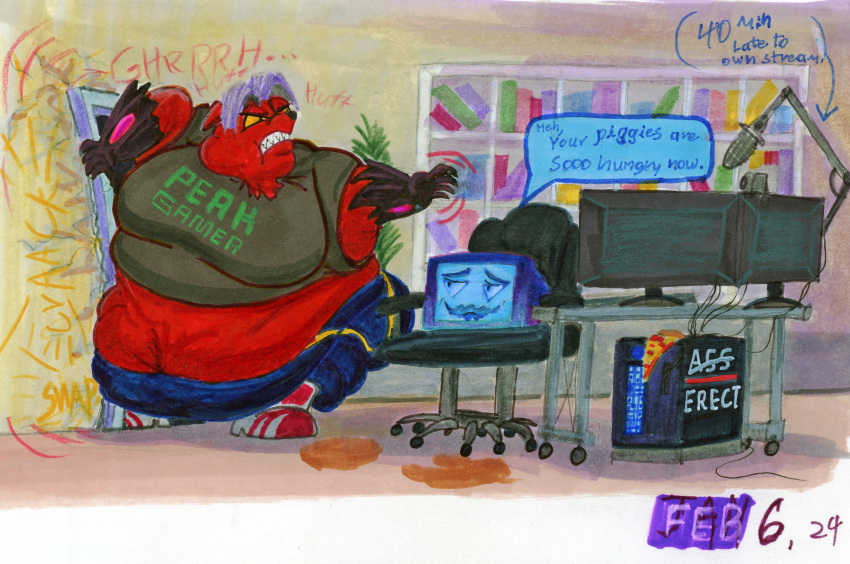 absurd_res anthro canid canine chair computer duo electronics fern food for_a_head fox furniture hi_res ill-fitting_clothes livestream male mammal microphone monitor morbidly_obese morbidly_obese_anthro morbidly_obese_male obese obese_anthro obese_male object_head office_chair overweight overweight_anthro overweight_male pizza pyrocynical screen screen_face screen_head stuck stuck_in_door television tv_head yellow-throated_warbler_(artist)