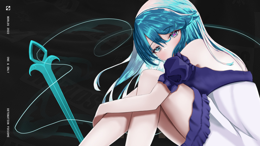 1girl alternate_hairstyle bangs bare_shoulders black_background black_dress detached_sleeves dress feet_out_of_frame from_side green_eyes green_hair grey_dress gwen_(league_of_legends) hair_between_eyes highres knees_up league_of_legends long_hair needle oversized_clothes puffy_short_sleeves puffy_sleeves sewing_needle shiny shiny_hair short_sleeves sitting yamato_nao