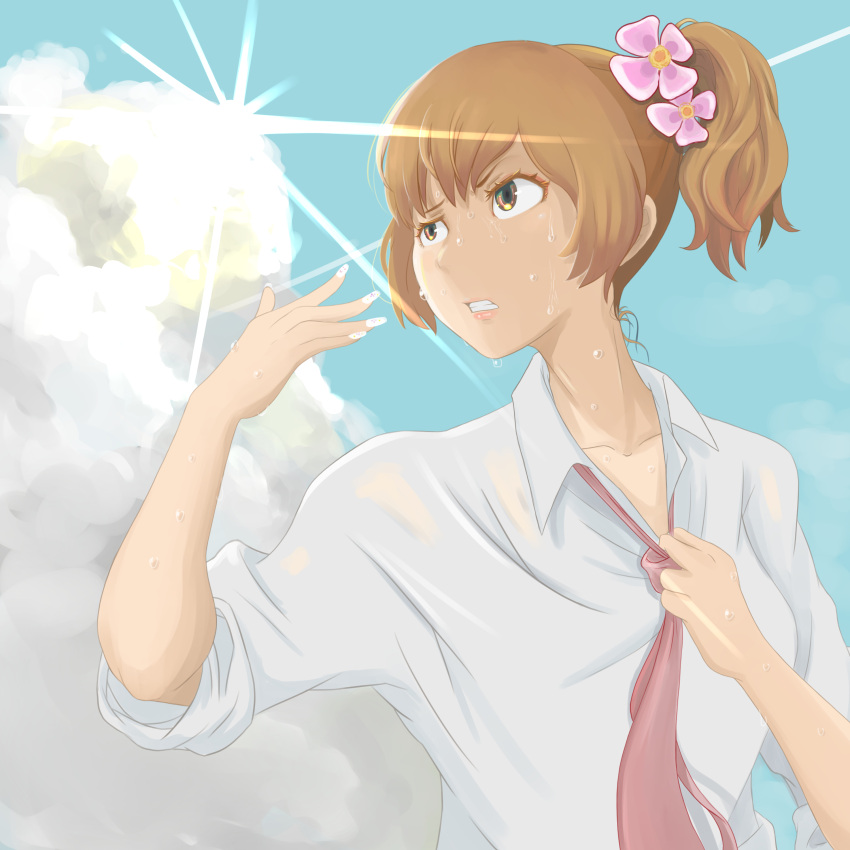 1girl absurdres blue_sky brown_eyes brown_hair clenched_teeth cloud cloudy_sky collarbone collared_shirt commentary_request day fanning_face flower gyaru hair_flower hair_ornament highres higumarium hot kogal light_frown lips looking_back looking_up medium_hair necktie necktie_grab neckwear_grab original outdoors parted_lips ponytail red_necktie shirt sky sleeves_rolled_up solo summer sun sunlight sweat sweaty_clothes teeth upper_body white_shirt