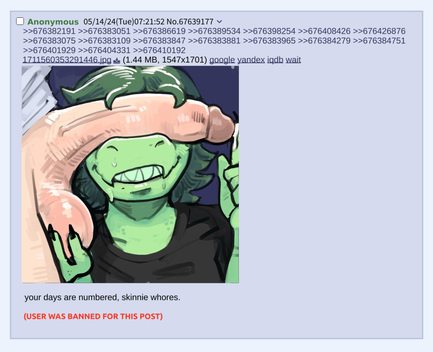 4chan anthro ball_fondling balls baryonyx black_nails bodily_fluids can't_see_the_haters cavemanon_studios claws clothed clothing colored_nails covering covering_eyes covering_face dinosaur duo female fondling genital_fluids genitals green_body green_hair grin hair hi_res human i_wani_hug_that_gator inco_(iwhtg) latchk3y long_hair male mammal meme nails olivia_halford penis penis_on_face precum reptile scalie screencap_redraw sharp_teeth smile spinosaurid teeth theropod