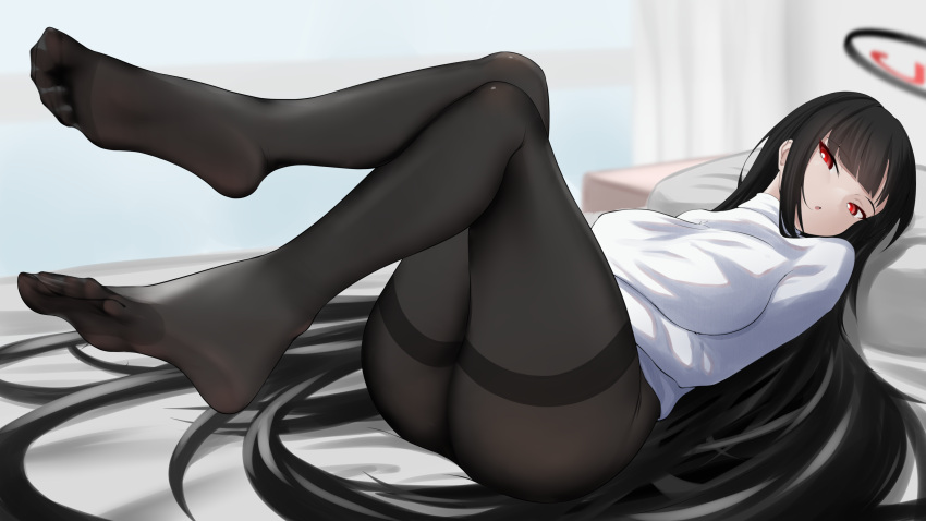 1girl absurdres ass bed bed_sheet black_hair black_pantyhose blue_archive breasts halo highres indoors j.c.14 large_breasts long_hair long_sleeves lying on_back open_mouth pantyhose pillow red_eyes rio_(blue_archive) solo sweater toes white_sweater