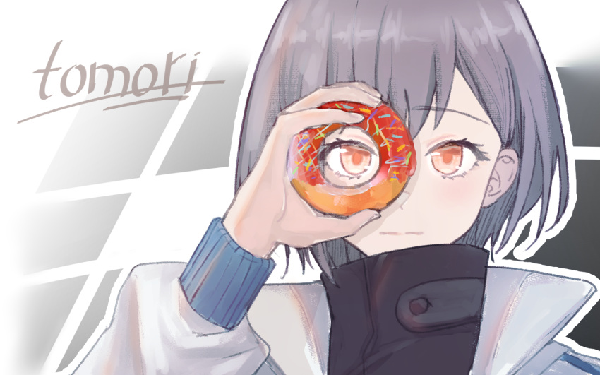 1girl bang_dream! bang_dream!_it's_mygo!!!!! black_jacket character_name closed_mouth commentary doughnut expressionless food grey_background grey_hair grey_jacket highres holding_doughnut jacket looking_at_viewer looking_through_doughnut mangoshaobing open_clothes open_jacket red_eyes short_hair solo takamatsu_tomori upper_body white_background